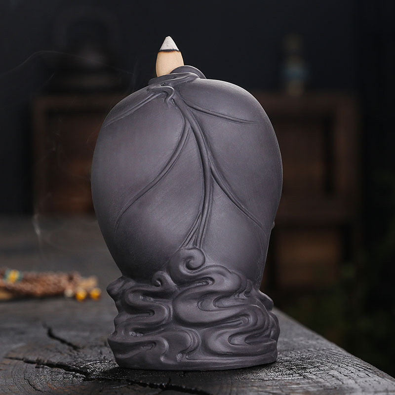 zensoullab Purple Clay Backflow Incense Burner Creative Bodhi Leaf Tathagata Guanyin Buddha Statue Backflow Incense Aromatherapy Burner Home Decor