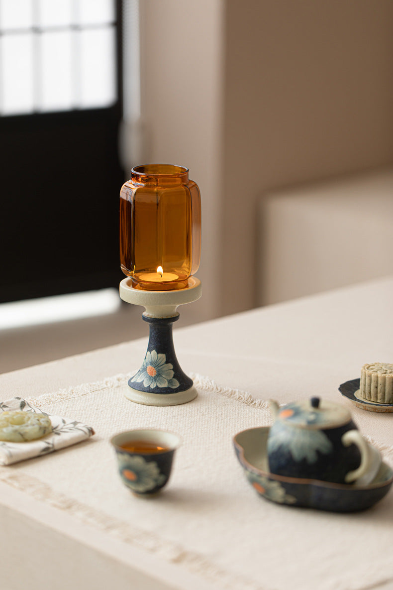 zensoullab Ming and Qing Hand-painted Blue and White Firestone Red Aromatherapy Candle Candle Holder Ornament Zen Ceramic Tea Ceremony Accessories Tea Room Atmosphere Lamp