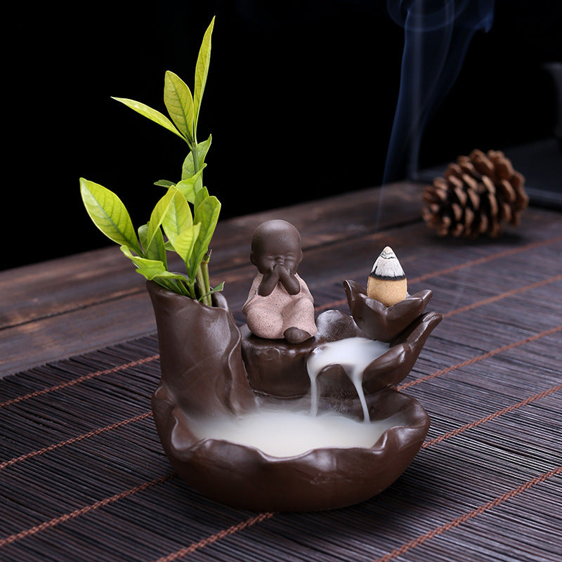 zensoullab Purple Clay Backflow Incense Burner Ceramic Creative Ornament Craft Incense Little Monk Viewing Smoke Mountain Water Flow