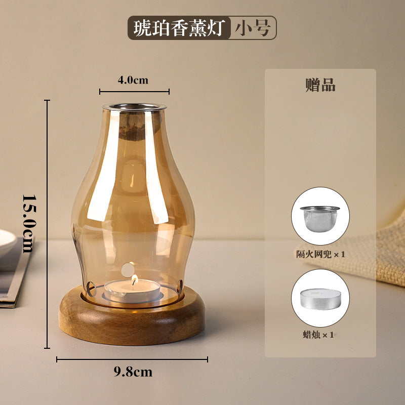 Zensoullab Japanese Style Solid Wood Windproof Glass Lampshade Candlestick Vintage Aromatherapy Candle Light Coffee Table Zen Atmosphere Ornaments