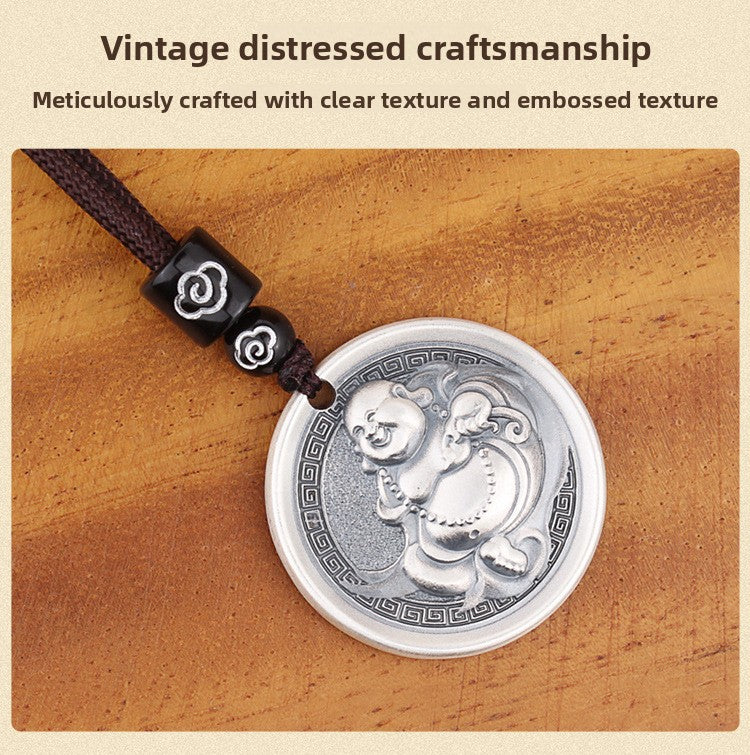 zensoullab Vintage Maitreya Buddha Pendant Thai Silver Solid Vintage Unisex Round Pendant Auspicious Big Belly Buddha Male Small Buddha Pendant
