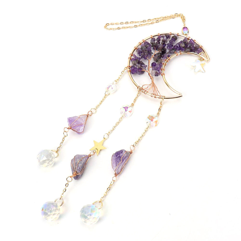 zensoullab Natural Amethyst Gravel Moon Sun Catcher Wind Chime Light Decoration Hanging Ornament Home Decor Gift