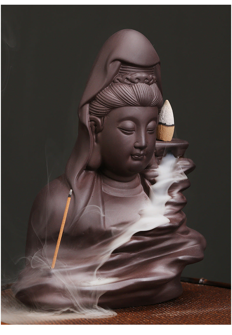 zensoullab Purple Clay Avalokiteshvara Backflow Incense Burner Original Mountain Water Flowing Bodhisattva Waterfall Backflow Incense Burner Home Decoration