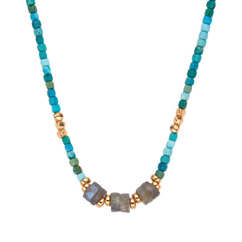 zensoullab Niche Design S925 Sterling Silver Natural Turquoise Labradorite Gemstone Beaded Necklace for Women Versatile Collarbone Chain