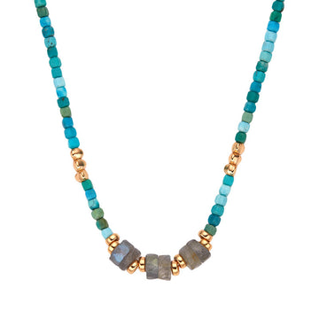 zensoullab Niche Design S925 Sterling Silver Natural Turquoise Labradorite Gemstone Beaded Necklace for Women Versatile Collarbone Chain