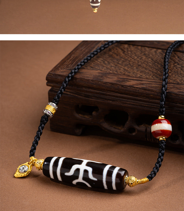 zensoullab Tibetan Nine-Eyed Dzi Bead Necklace with Layered Patina Multi-Totem Agate Pendant Couple Style Woven Necklace
