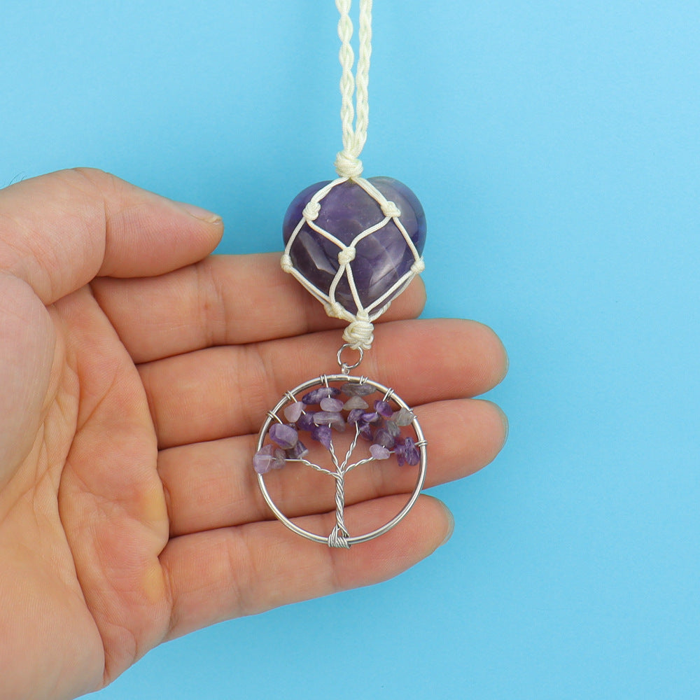 zensoullab Natural Crystal Heart-shaped Woven Net Bag Tree of Life Pendant Car Hanging Bag Accessories