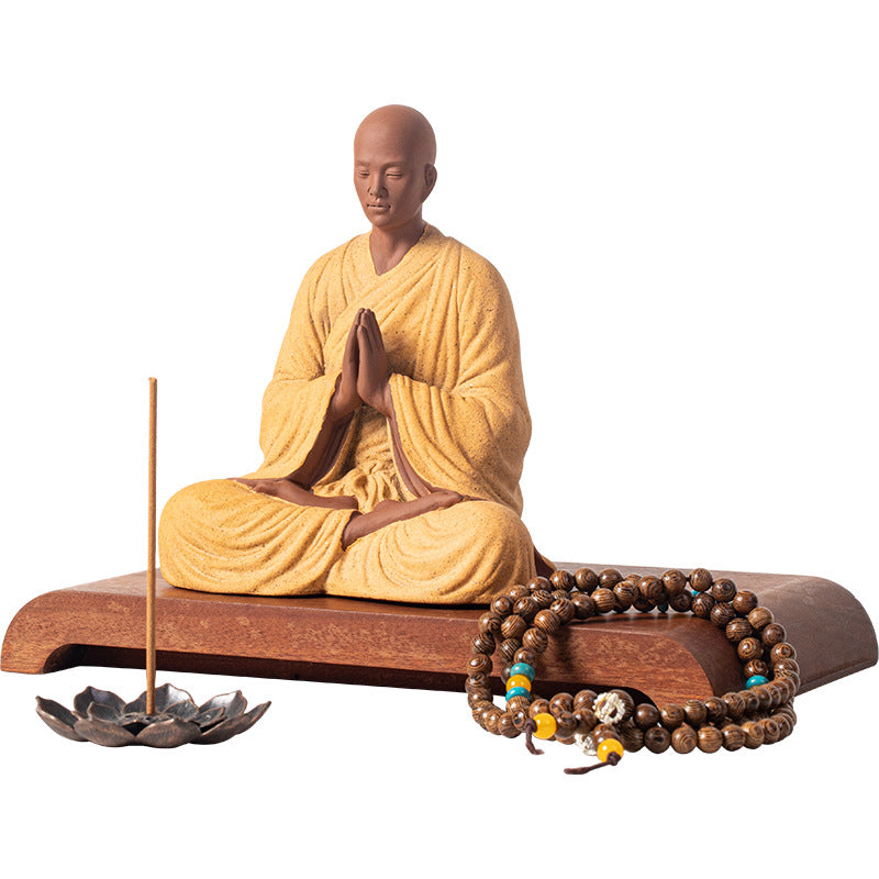 zensoullab Dust-Free Zen Little Monk Purple Clay Figurine Ceramic Figure Ancient Style Tea Room Display Stand Desktop Decoration