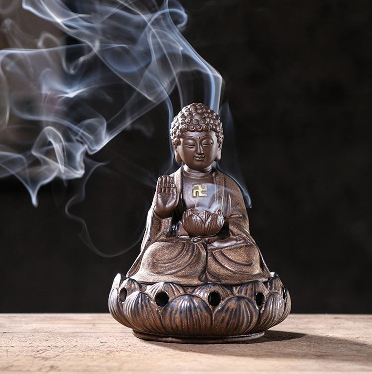zensoullab Four-Hour Large Buddha Statue Incense Burner Antique Gold Glaze Ceramic Incense Burner Living Room Zen Incense Home Decor