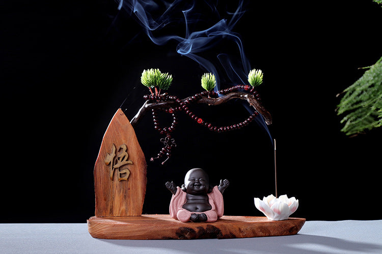 zensoullab Creative Chinese Style Welcoming Pine Root Carving Living Room Club TV Cabinet Zen Little Monk Ornament Maitreya Buddha Home Decor