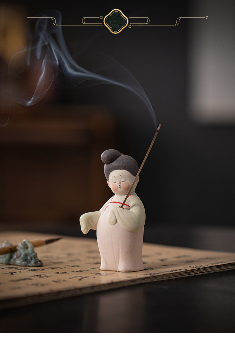 zensoullab Ancient Style Tang Dynasty Female Figure Ceramic Incense Burner Zen Incense Holder Incense Stand Chinese Tea Table Incense Ceremony Incense Burner Incense Burner Ornament