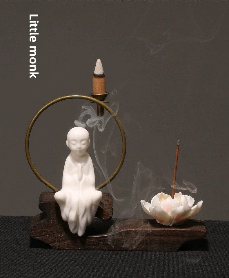 zensoullab Creative Chinese Ceramic Ornament Phaseless Buddha Statue Home Backflow Incense Burner Sandalwood Aromatherapy Burner Incense Holder Incense Device Wooden Incense Stand