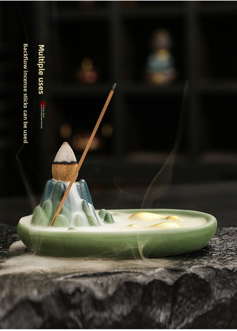 Zensoullab Qianli Jiangshan Line Incense Burner Ceramic Multi-Functional Dual-Purpose Ceramic Incense Burner Double Cow Backflow Smoke Incense Burner Ceramic Incense