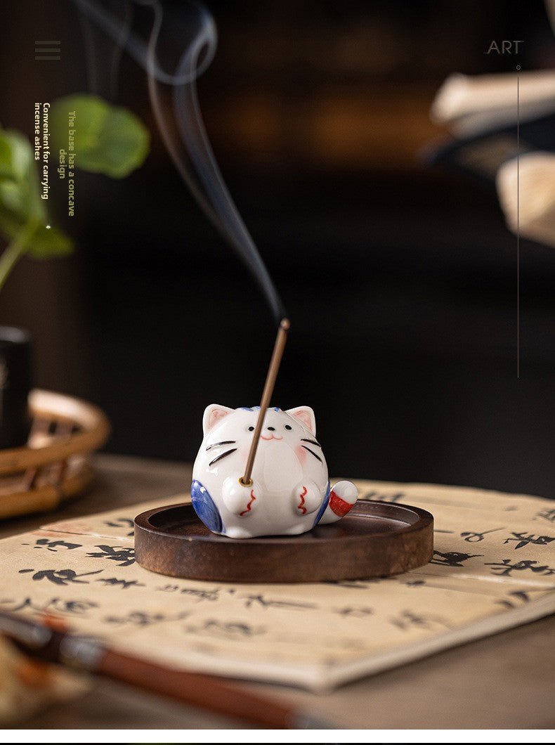zensoullab Creative Ceramic Cute Little Cat Incense Holder Base Incense Tray Tea Room Tea Table Small Incense Burner Ornament Incense Burner