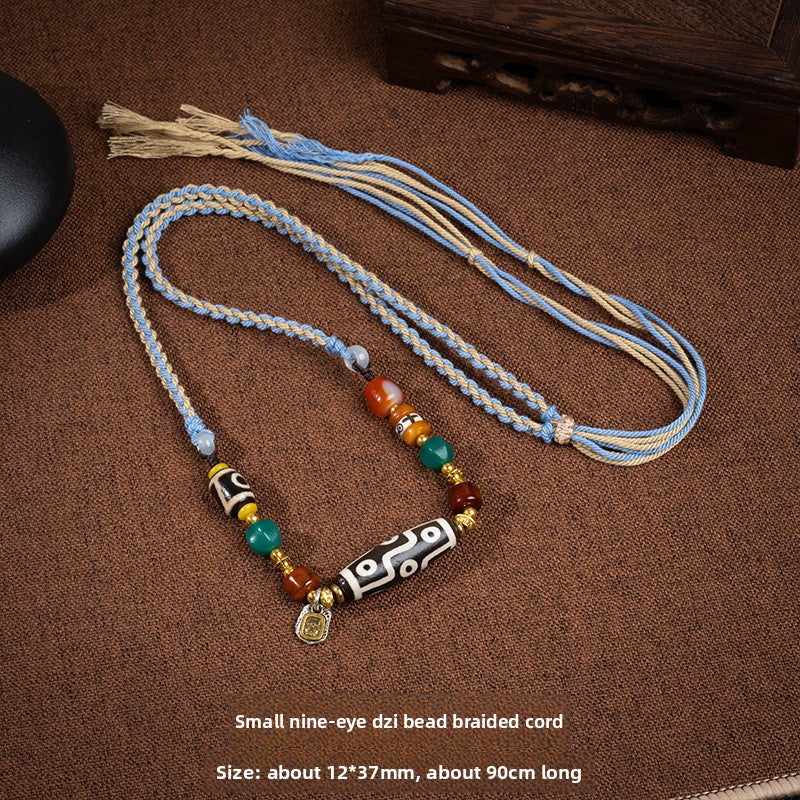 zensoullab Natural Tibetan Style Yellow Nine-Eyed Dzi Bead Necklace Multi-Totem Agate Pendant Couple Style Woven Necklace In Stock