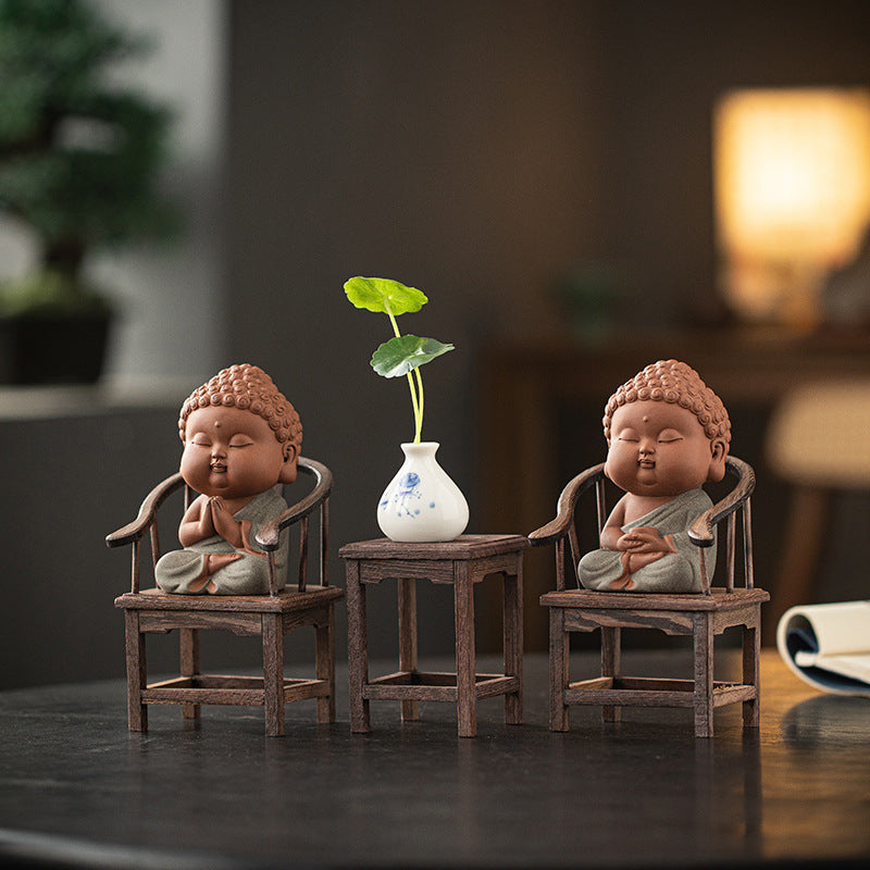 zensoullab Zen Purple Clay Small Buddha Figurine Cute Buddha Statue Chinese Style Home Tea Room Curio Shelf Tea Table Decoration