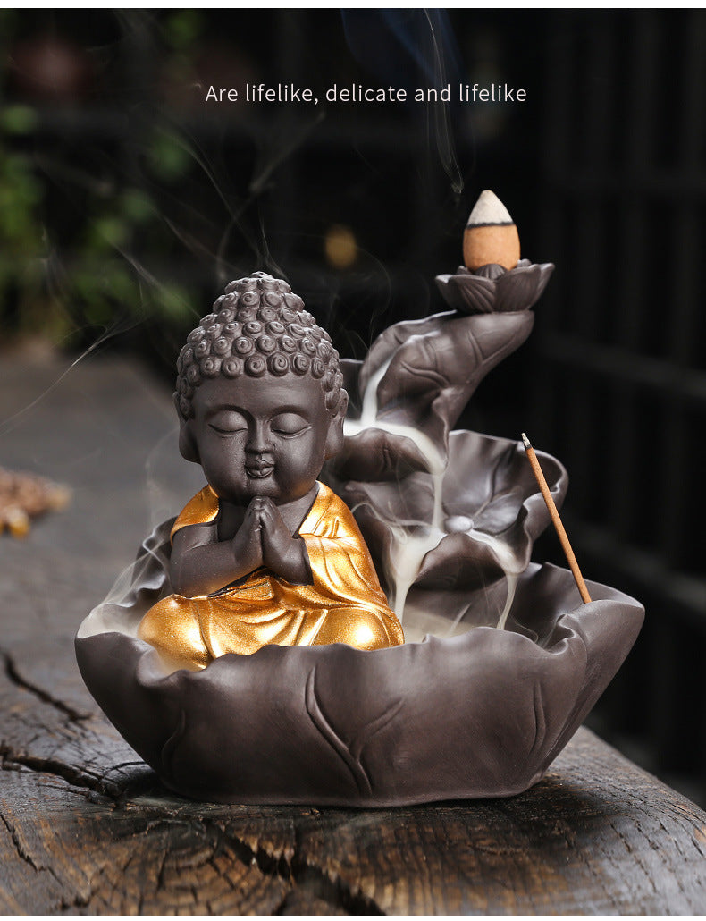 zensoullab Purple Clay Ceramic Backflow Incense Burner Crafts Creative Lotus Leaf Buddha Statue Small Novice Incense Burner Ornament