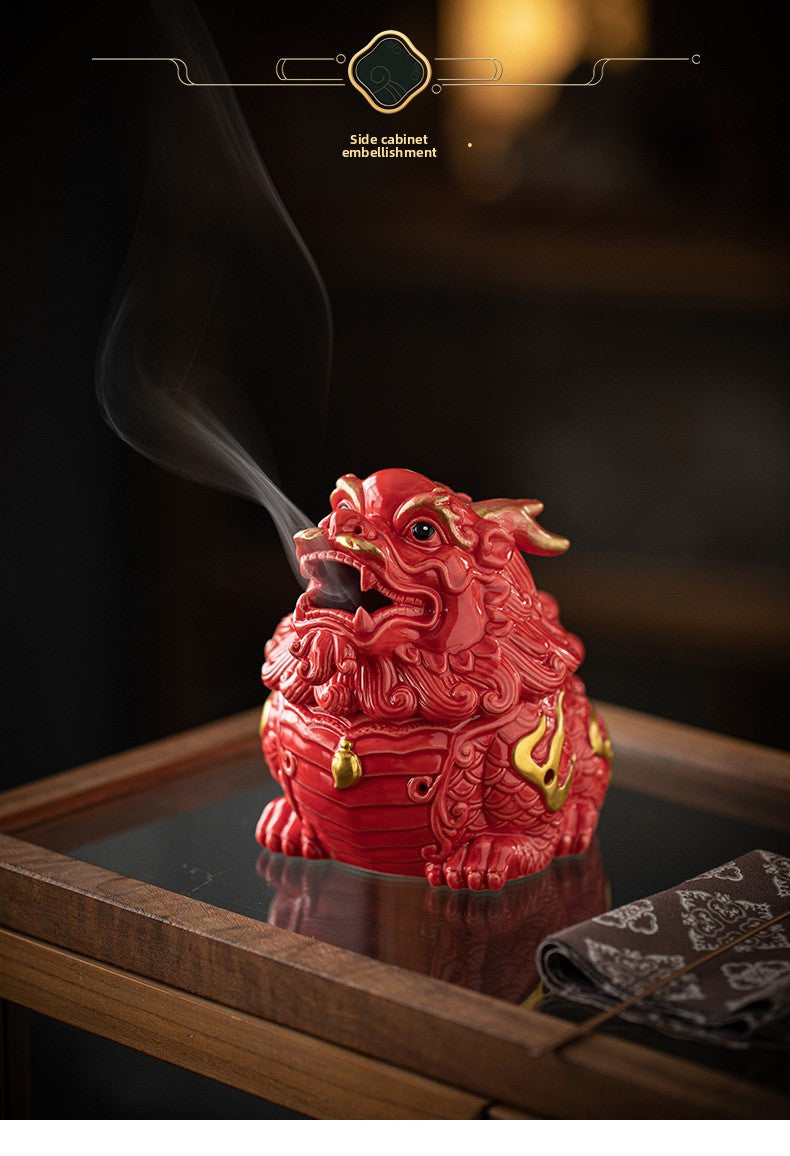 Zensoullab Creative Ceramic KIRIN Incense Coil Burner Home Indoor Auspicious Beast Incense Burner Sandalwood Agarwood Point Incense Box Desktop Incense Ceremony Decoration