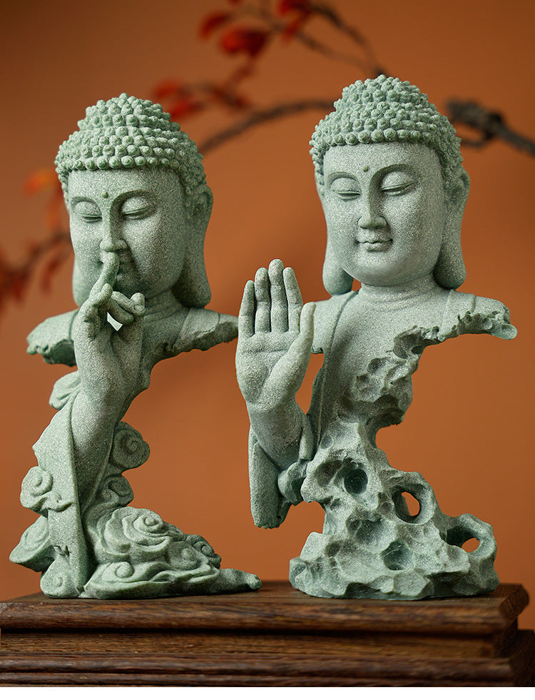 zensoullab Green Sandstone Imitation Stone Carving Buddha Statue Craft Ornament Creative Retro Desktop Buddhist Zen New Chinese Style Living Room Decoration