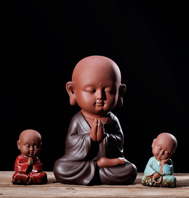 zensoullab Zen Purple Clay Blessing Little Monk Home Decor Chinese Style Entrance Living Room Buddha Hall Large Small Novice Figurine