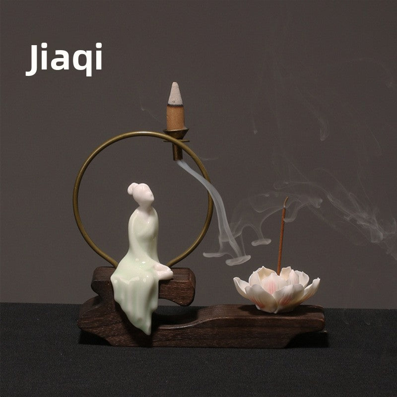 zensoullab Creative Chinese Ceramic Ornament Phaseless Buddha Statue Home Backflow Incense Burner Sandalwood Aromatherapy Burner Incense Holder Incense Device Wooden Incense Stand