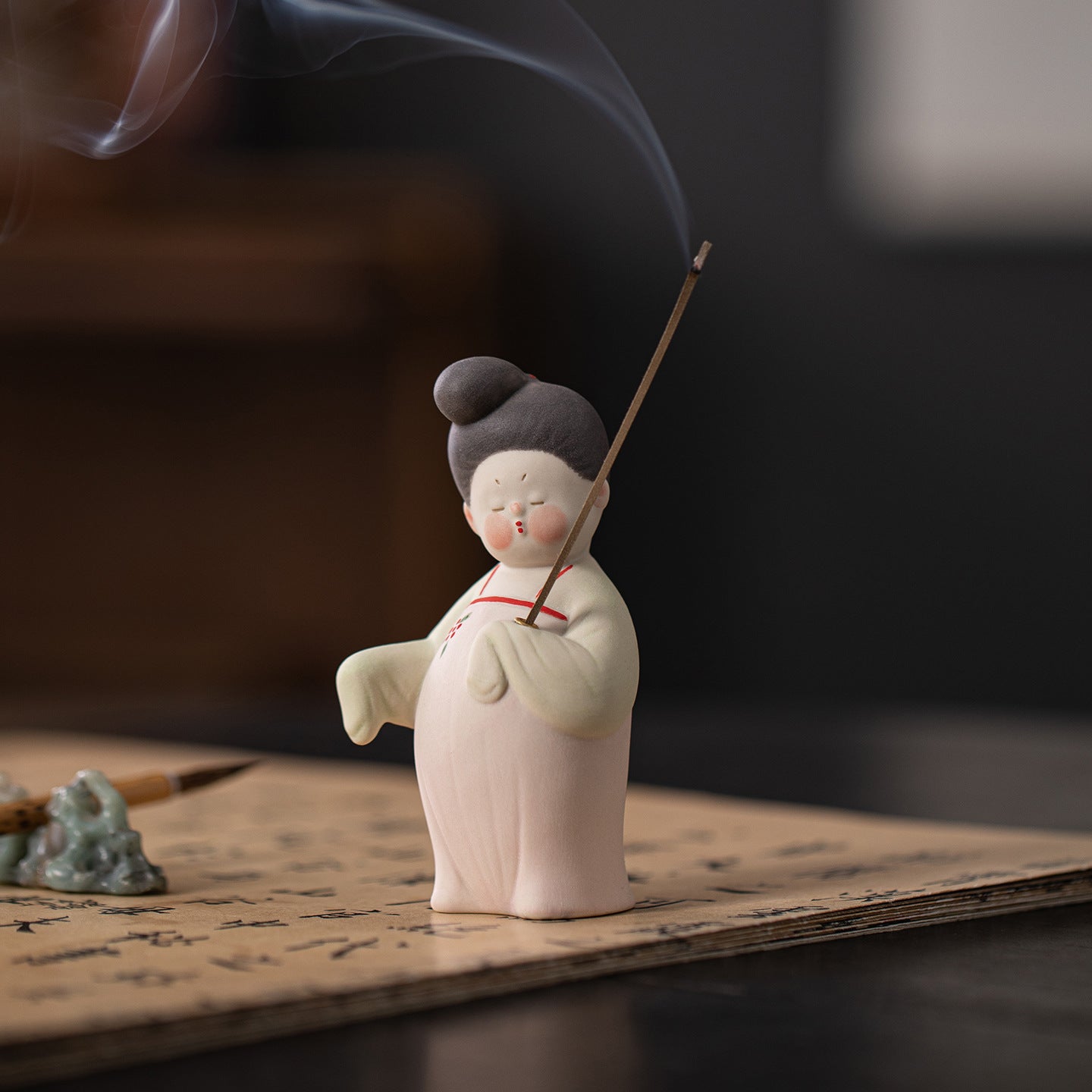 zensoullab Ancient Style Tang Dynasty Female Figure Ceramic Incense Burner Zen Incense Holder Incense Stand Chinese Tea Table Incense Ceremony Incense Burner Incense Burner Ornament