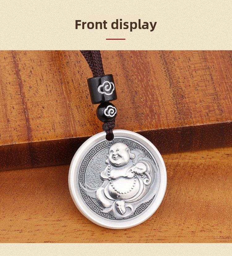 zensoullab Vintage Maitreya Buddha Pendant Thai Silver Solid Vintage Unisex Round Pendant Auspicious Big Belly Buddha Male Small Buddha Pendant