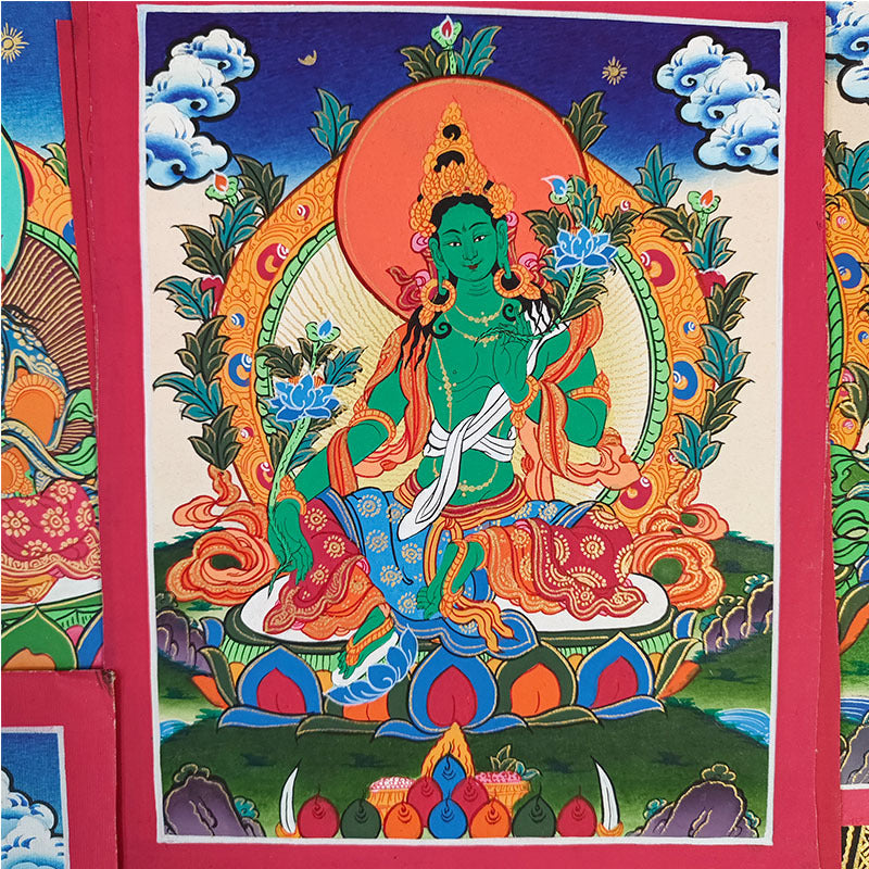 zensoullab Nepal Hand-painted Buddha Statue Thangka Table Decoration Yellow God of Wealth Green Tara Manjushri Four-armed Guanyin Medicine Buddha Decorative Hanging Painting