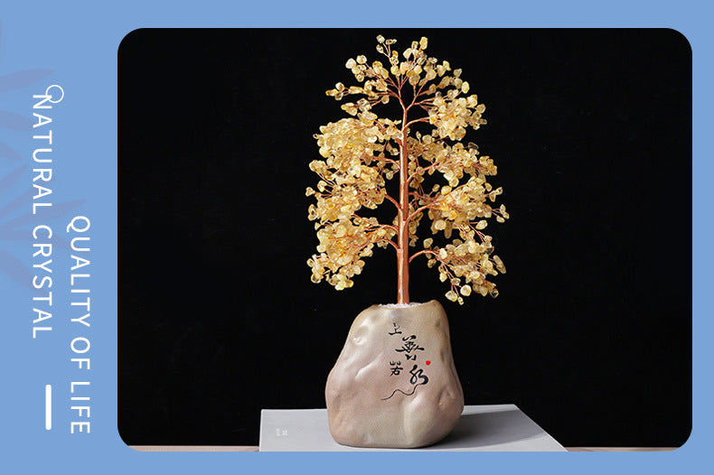 zensoullab Natural Yellow Crystal Crushed Stone Money Tree Hand-woven Copper Wire Home Office Opening Housewarming Wealth Tree Gift Ornament
