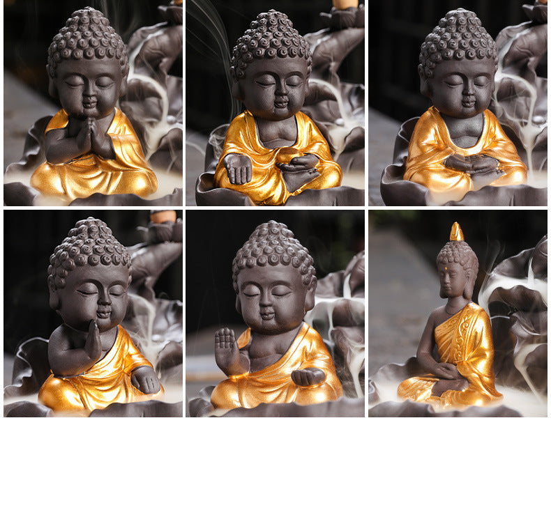 zensoullab Purple Clay Ceramic Backflow Incense Burner Crafts Creative Lotus Leaf Buddha Statue Small Novice Incense Burner Ornament