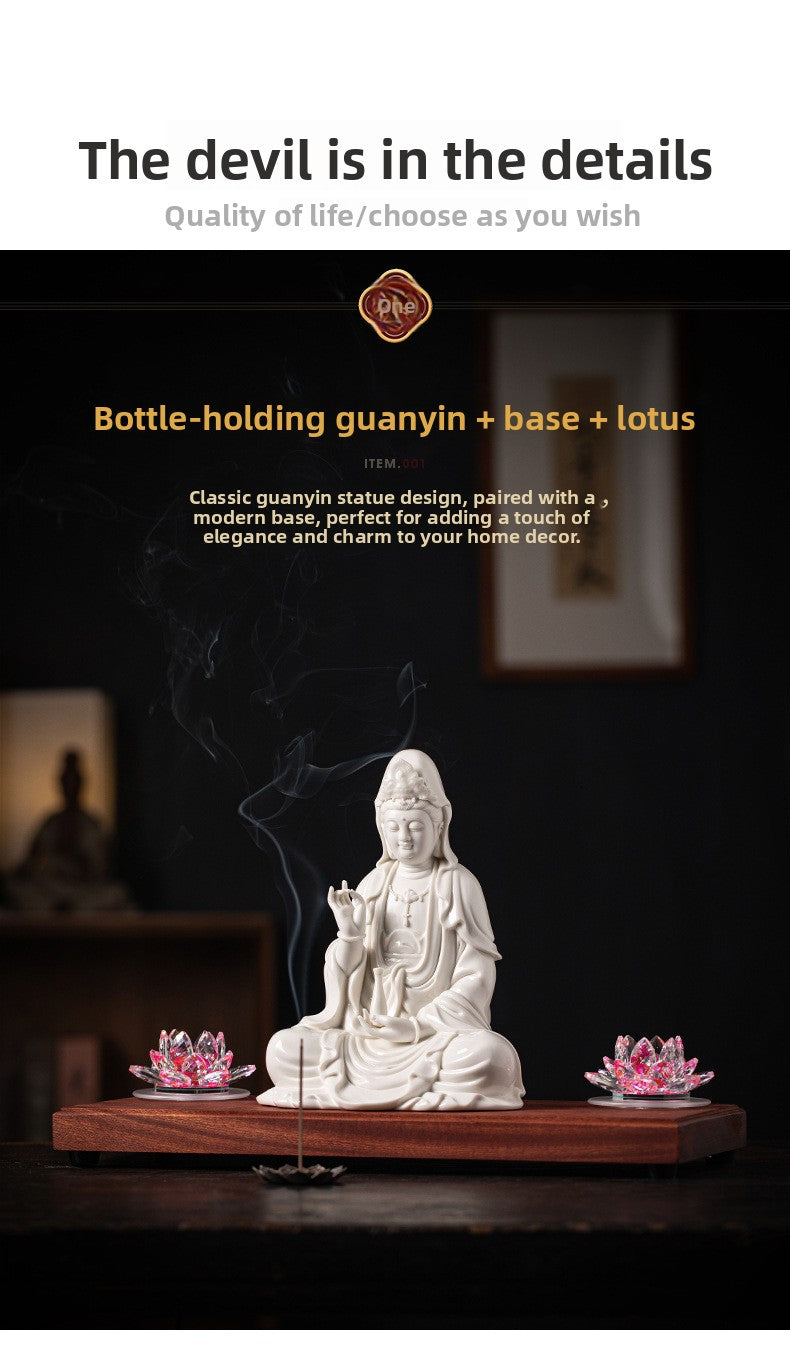 zensoullab Zen Style Chinese White Porcelain Holding Bottle Guanyin Buddha Statue Desktop Ornament Home Indoor Entrance Display Cabinet Decoration