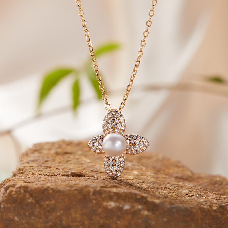 zensoullab S925 Sterling Silver Natural Gemstone Necklace Flower Pendant for Women Korean and Japanese Style Fresh Simple Sweet Collarbone Chain