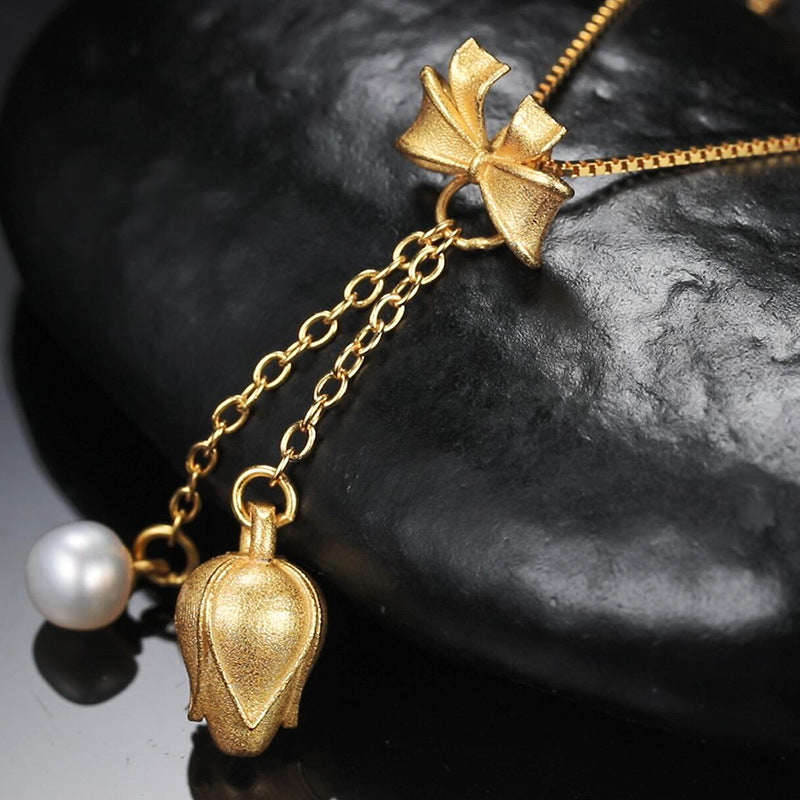 zensoullab Hot Selling S925 Sterling Silver Ancient Gold Inlaid Pearl Necklace for Women National Trend Simple Elegant Pendant