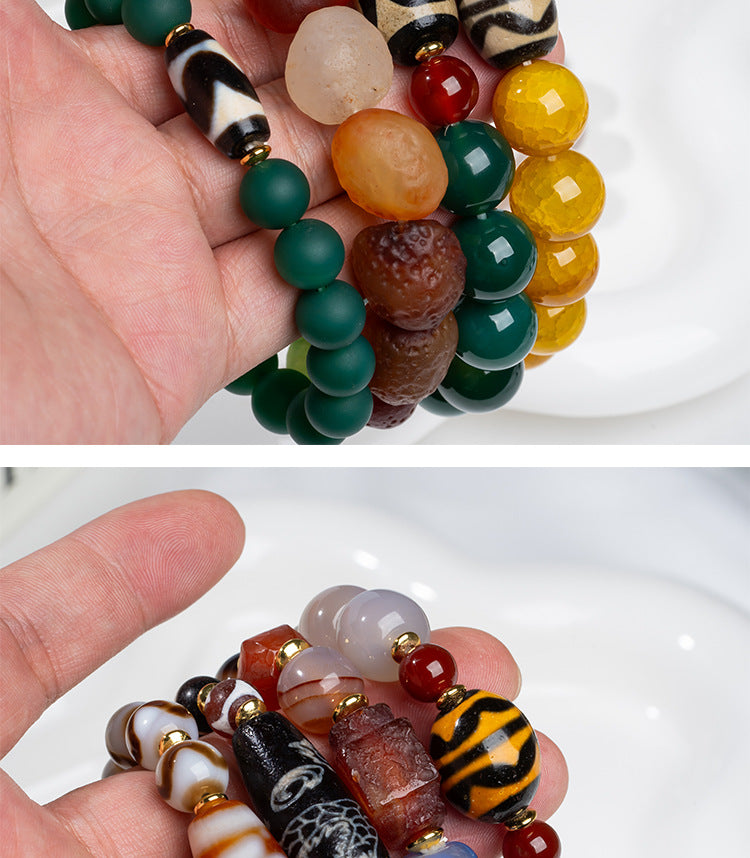 zensoullab Natural Three-Eyed Dzi Bead Agate Bracelet Fashion Versatile Unisex Couple Style Tiger Tooth Single Circle Bracelet In Stock