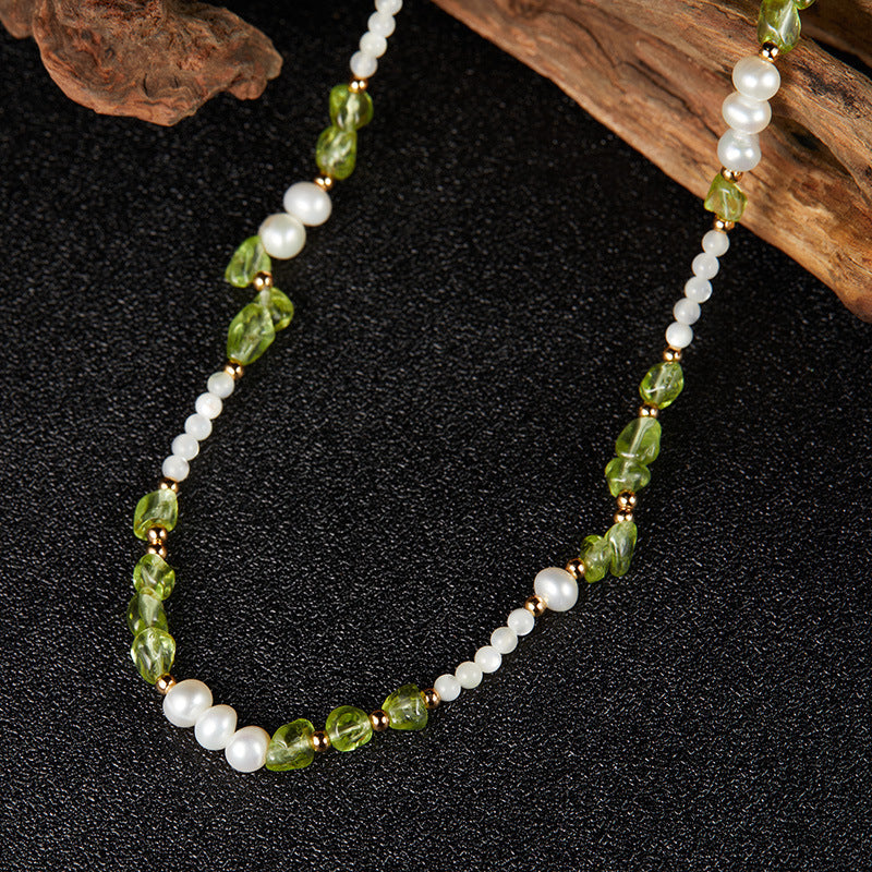 zensoullab S925 Sterling Silver Natural Peridot Pearl White Shell Gemstone Necklace for Women, Niche Sweet High-end Beaded Collarbone Chain