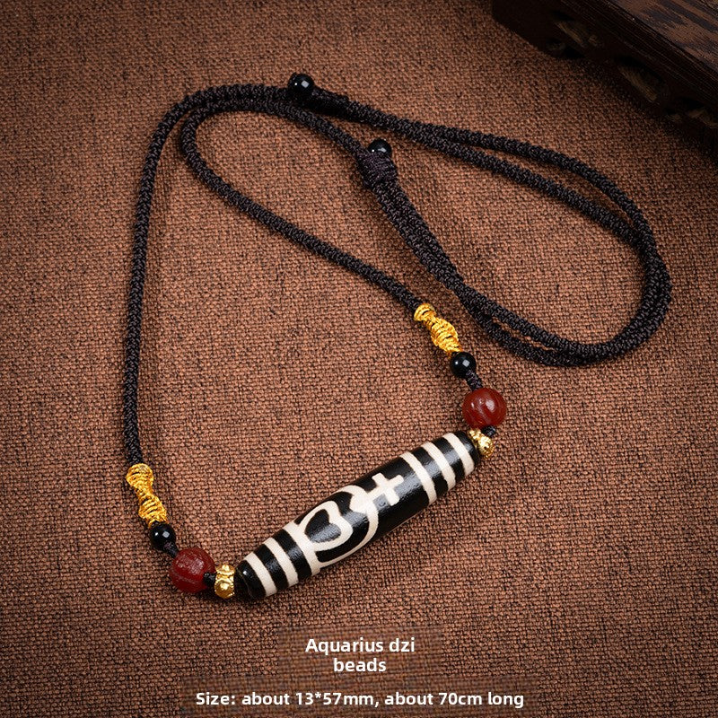 zensoullab Natural Tibetan Guru Rinpoche Three-Eyed Dzi Bead Necklace Agate Pendant Unisex Braided Necklace In Stock