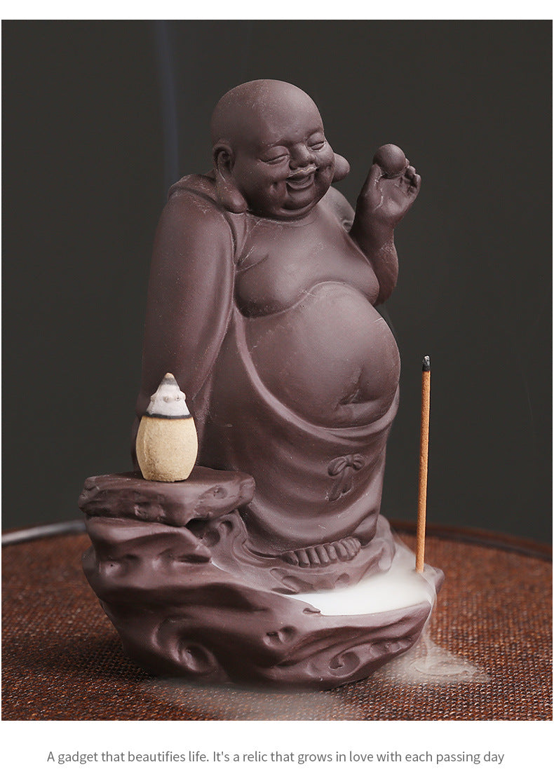 zensoullab New Purple Clay High Mountain Water Flow Backflow Waterfall Incense Burner Creative Maitreya Buddha Sandalwood Backflow Incense Burner Ornament