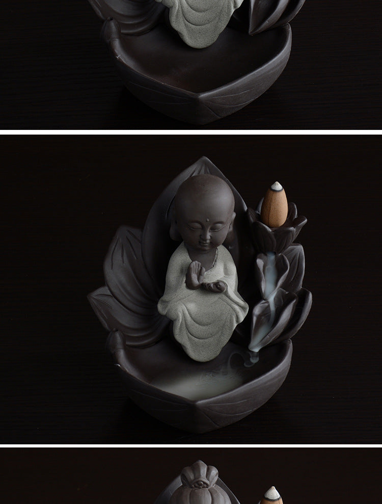 zensoullab Gift Ceramic Little Monk Retro Backflow Incense Burner Home Aromatherapy Burner Feng Shui Ornament Creative Guanyin Buddha Statue