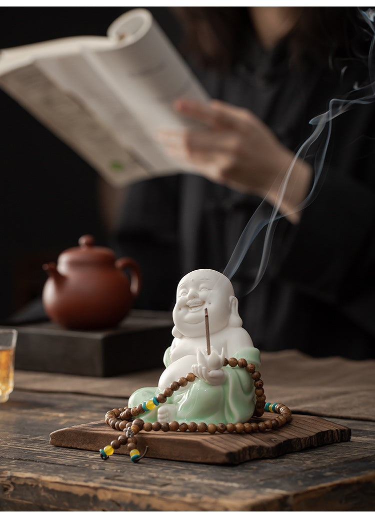 zensoullab Creative New Chinese Style Ceramic Maitreya Buddha Statue Desktop Ornament Home Incense Holder Incense Burner Incense Tray