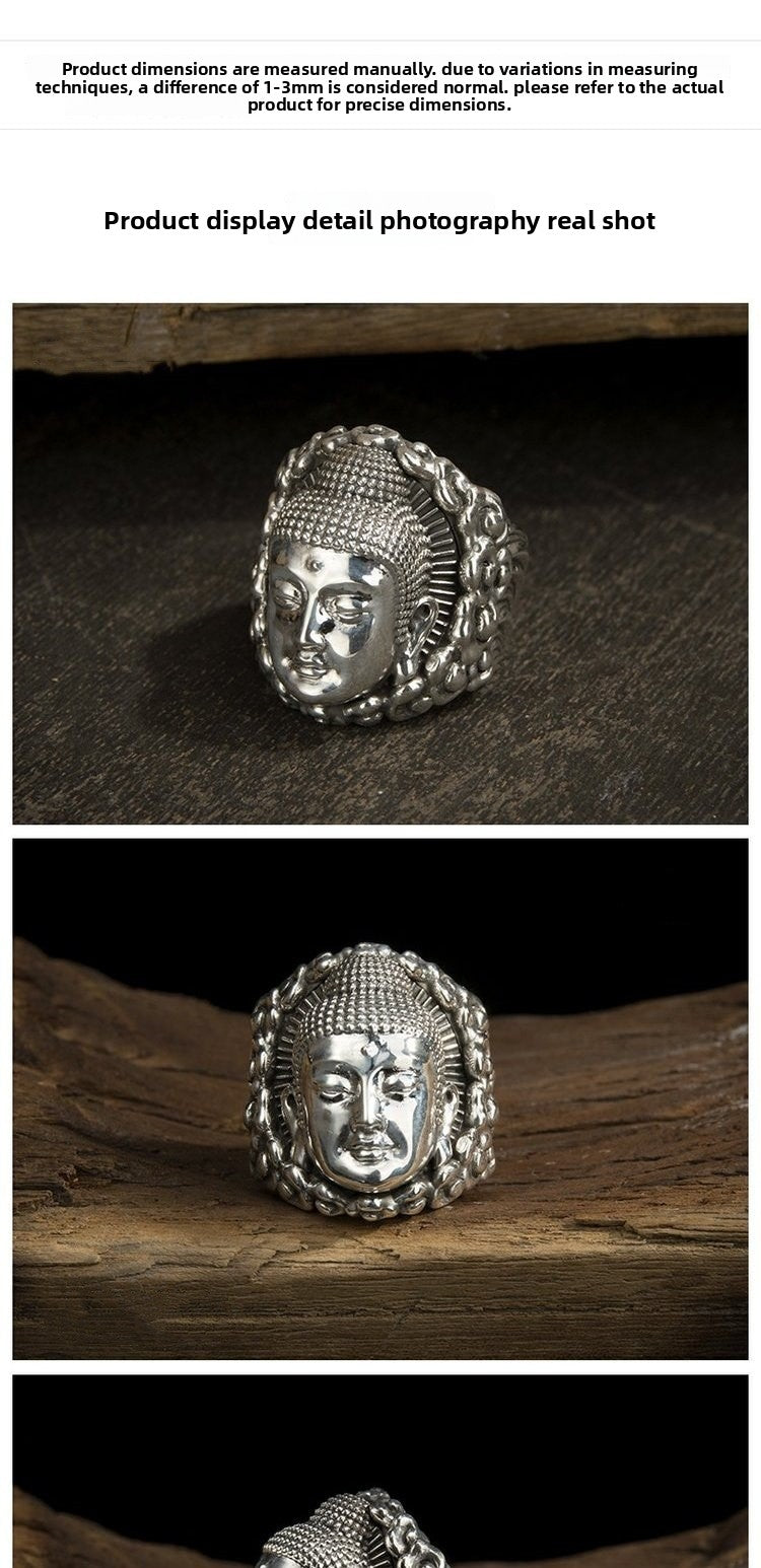 zensoullab Ethnic Style Thai Silver Amitabha Buddha Ring Vintage Great Sun Tathagata Buddha Head Personality Ring