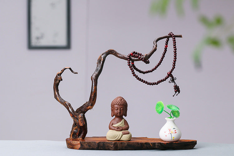 zensoullab Zen New Chinese Style Root Carving Set Ornament Purple Clay Little Monk Living Room TV Cabinet Tea Table Entrance Creative Decoration
