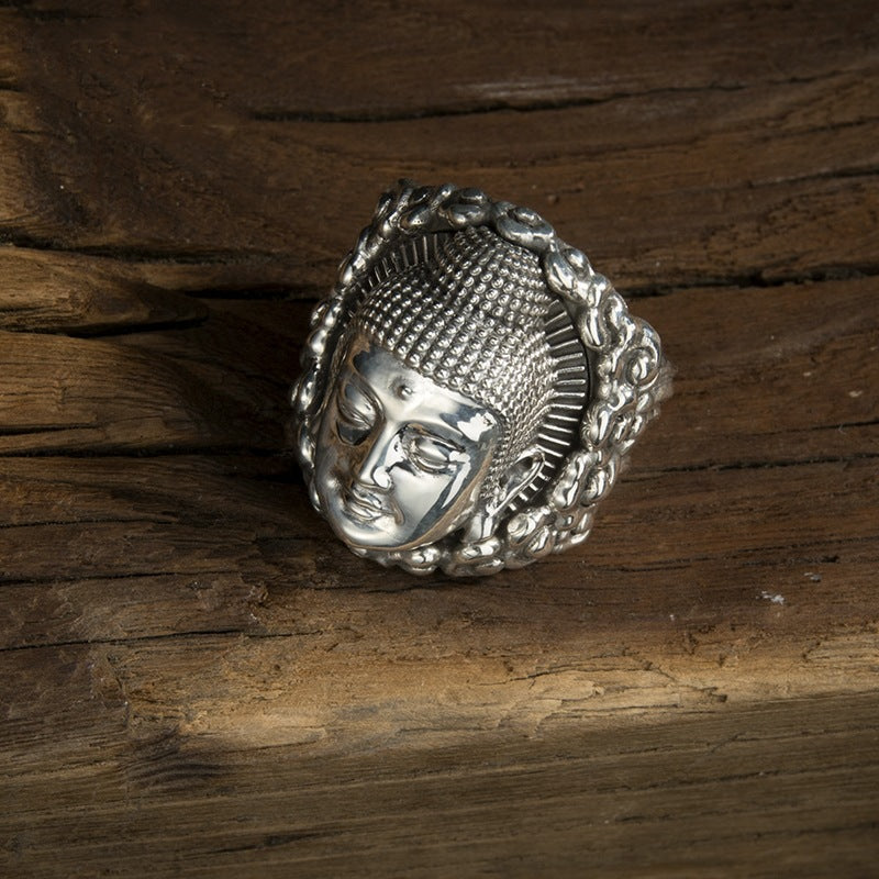 zensoullab Ethnic Style Thai Silver Amitabha Buddha Ring Vintage Great Sun Tathagata Buddha Head Personality Ring
