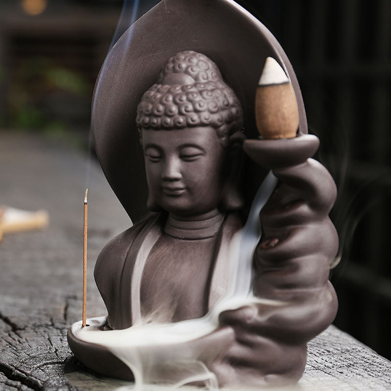 zensoullab Purple Clay Buddha Backflow Incense Burner Creative Lotus Leaf Buddha Backflow Sandalwood Incense Burner Craft
