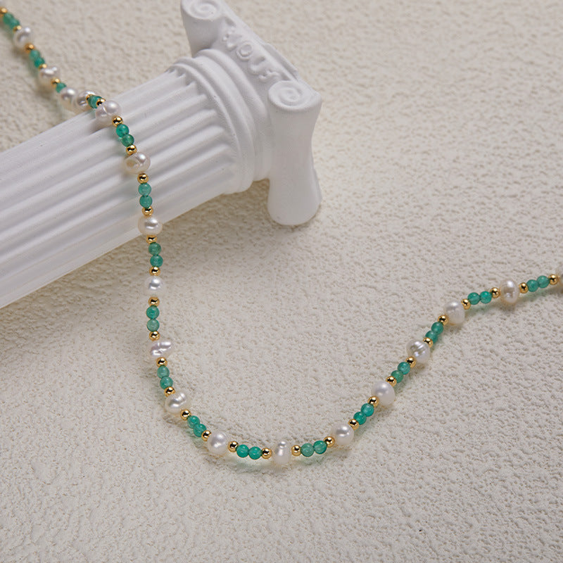 Zensoullab925 Sterling Silver Natural Pearl Green Chalcedony Colored Gems Necklace Women's High-Grade Sweet Personality Handmade Beaded