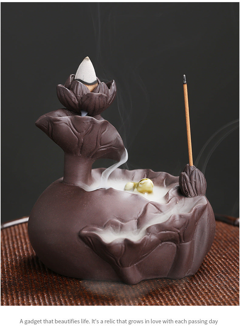 zensoullab Purple Clay Lotus Leaf Backflow Incense Burner Creative Lotus Frog Backflow Incense Burner Home Decor Ornament
