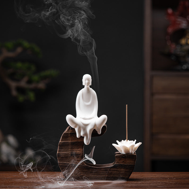 zensoullab Creative Backflow Incense Burner Home Aromatherapy Burner Ceramic Ornament Sandalwood Incense Holder Guanyin Buddha Statue Zen Living Room Decoration
