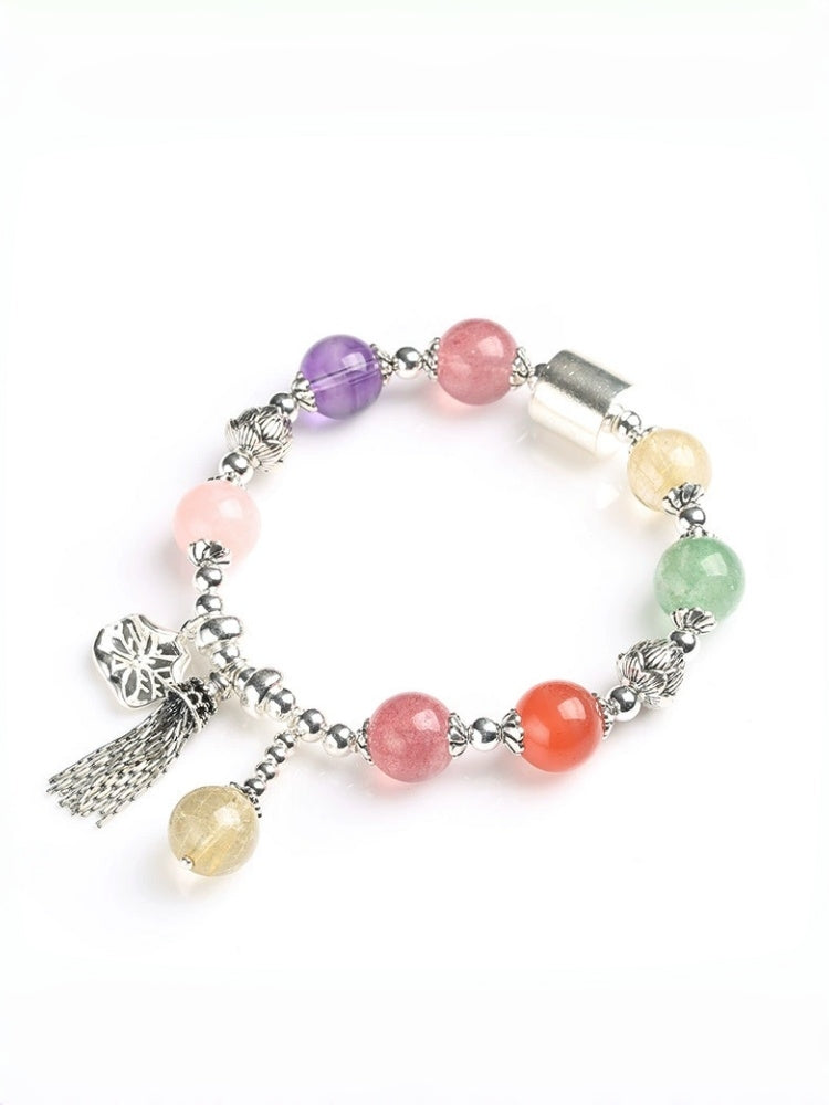 zensoullab Natural Multi-Gemstone Crystal Bracelet S925 Silver Lotus Tassel Bracelet Crystal Beaded Bracelet
