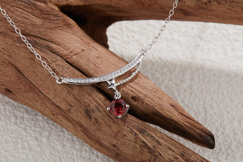 zensoullabs 925 Sterling Silver Necklace with Natural Garnet Pendant Smile Necklace Light Luxury Gemstone Niche Minimalist Jewelry