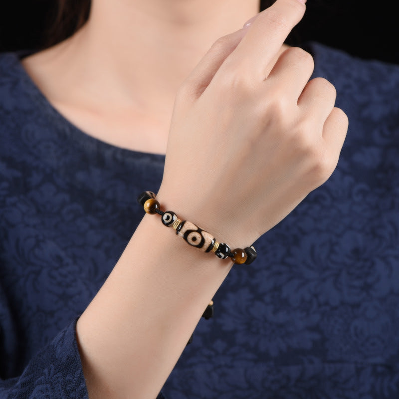 zensoullab Vintage Tibetan Style Patina Tiger Tooth Dzi Bead Agate Bracelet for Men and Women Multi-Gemstone Ethnic Style Hand String