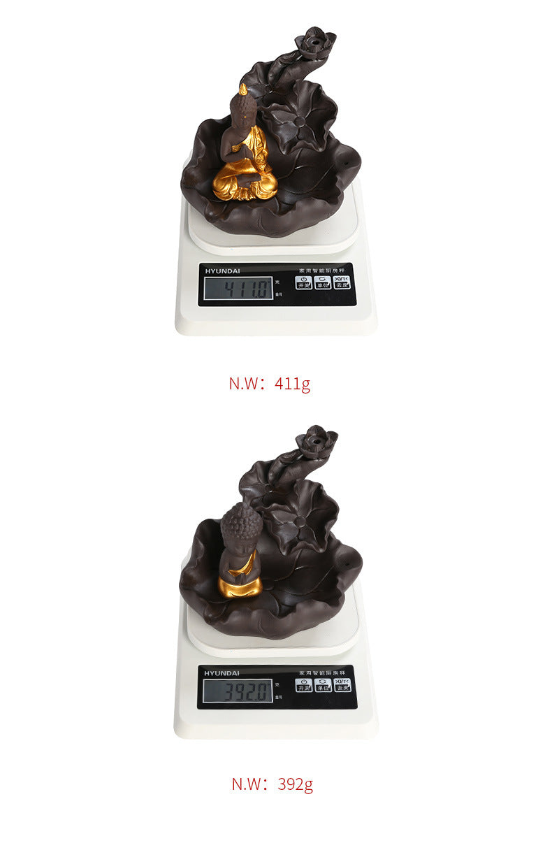 zensoullab Purple Clay Ceramic Backflow Incense Burner Crafts Creative Lotus Leaf Buddha Statue Small Novice Incense Burner Ornament